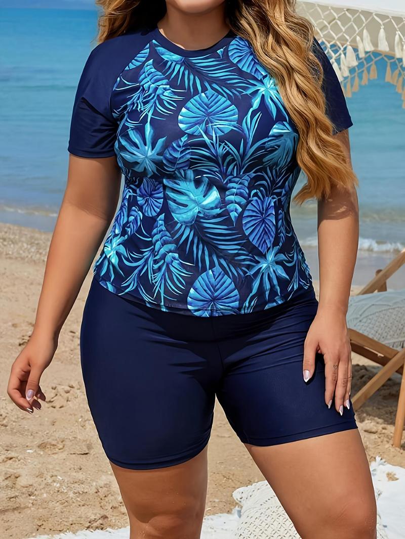 Product Introduction of 【Plus Size】 Tropical Print Tankini Set, Casual Raglan Sleeve Round Neck Swim Top & Swim Shorts, Women's Two-Piece Swimsuit for Beach Holiday Vacation 2