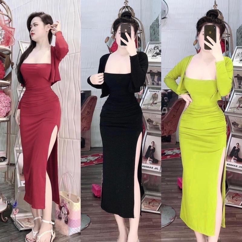 SÉT ÁO KHOÁC KÈM ĐẦM BODY  DBD77 Kem Nữ