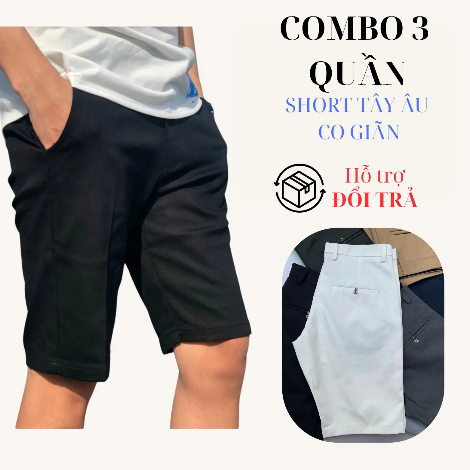 COMBO 3 QUẦN SHORT TÂY ÂU CO GIÃN, Quần Sọt Tây Nam Ngắn Cao Cấp Vải Dày Dặn Không Xù Không Phai Màu