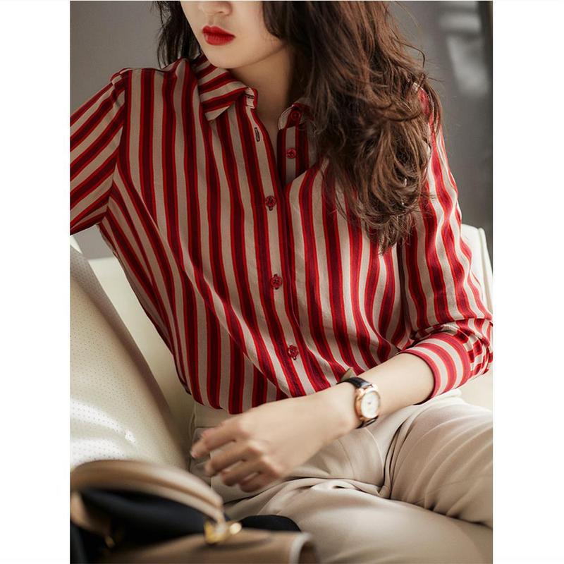 Áo Sơ Mi Cổ Búp Bê, Sọc Đỏ, Dành Cho Nữ, Phong Cách Cao Cấp Pháp, Thiết Kế Đẹp, Áo Độc Đáo Áo Sơ Mi Cơ Sở Thanh Lịch, Bộ Sưu Tập Xuân Thu 2024, Hàng Mới Về 3