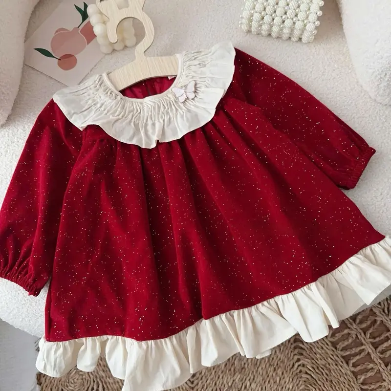 (7-17kg) váy công chúa nhung kim tuyến phối bèo +tag bướm điệu đà cho bé 4