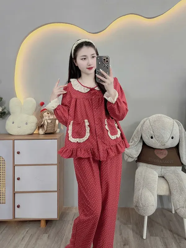 Bộ nữ mặc nhà Đũi mềm Màu Đỏ siêu dễ thương Women Áo Quần Ngủ freesize 40-60kg 7
