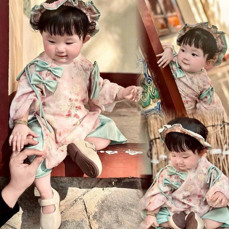   ĐỘC QUYỀN  Áo Dài Thêu Phối Quần Lụa Hồng Cổ Tết Tay Lượn Sóng Cho Bé 4-30kg 