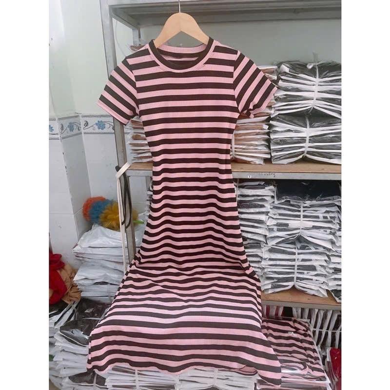 Đầm body dọc dáng xoè tôn dáng chất vải thun gân mềm mịn Nữ Women Dress Kem Nhung Voi Sọc Kẻ 3