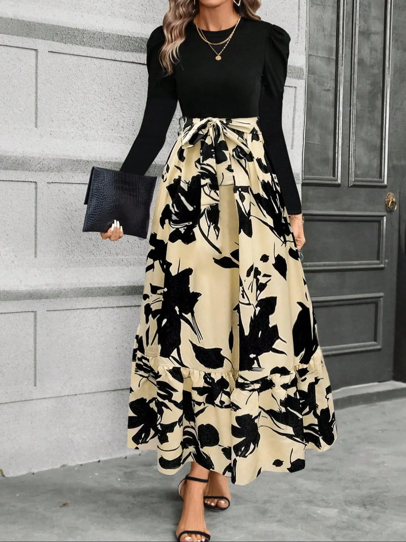 Women's Plants Patchwork Print Belted Ruffle Hem A Line Dress, Elegant Puff Sleeve Round Neck Long Dress for Party Holiday Wedding Guest, Ladies Clothes for All Seasons