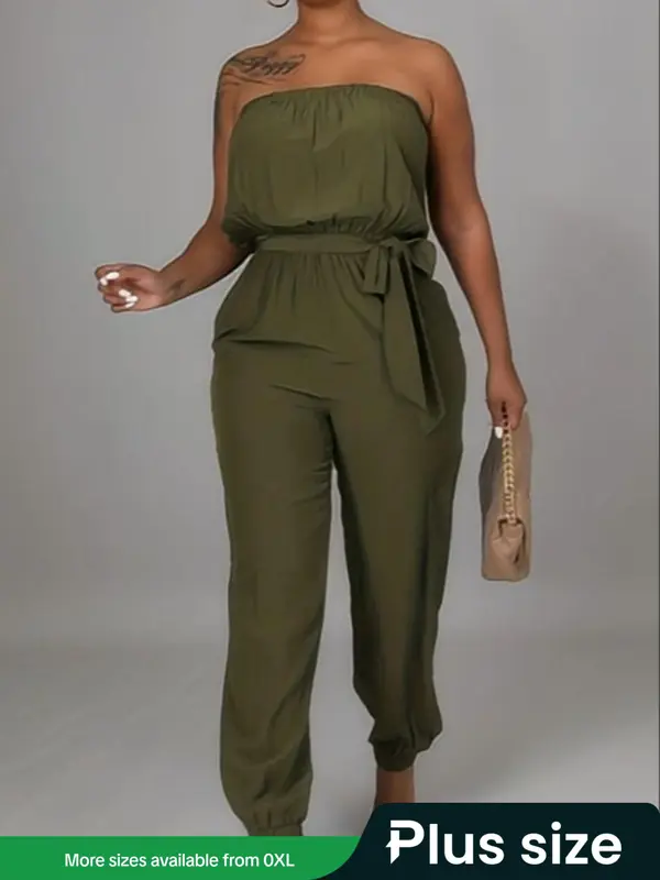 Plus Size Solid Backless Belted Tube Jumpsuit, Casual Sleeveless Strapless Carrot Jumpsuit for Daily Wear, Women's Plus Clothing for All Seasons 0