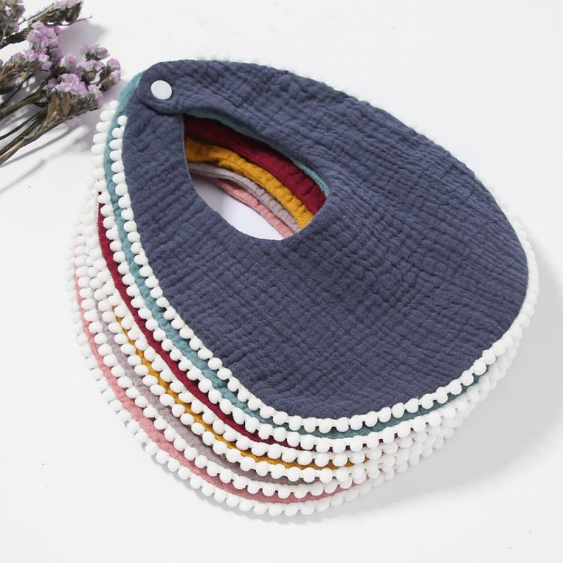 Product Introduction of Cotton Gauze Ruffle Baby Bibs Solid Color Newborn Feeding Saliva Towel Bandana Boy Girls Snap Button Burp Cloth Drool Bib 3