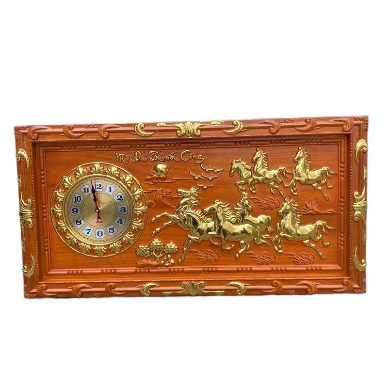 Tranh đồng hồ Mã Đáo Thành Công Khung Đục Decor Phòng Trang Trí Nhà Treo Tường, Gỗ Hương Đỏ, Kích Thước 41x81x4