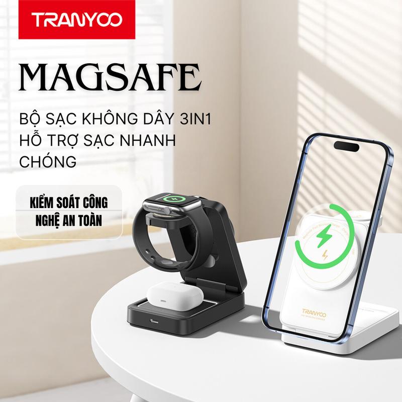 TRANYOO Bộ Sạc Không Dây Từ Tính 3 Trong 1 Sạc Nhanh Cho iP 12, 13, 14, 15, 16 Pro/ Promax Tích Hợp Bộ Sạc Watch  Và Tai Nghe Phụ Kiện Usb Titan Phone WF3