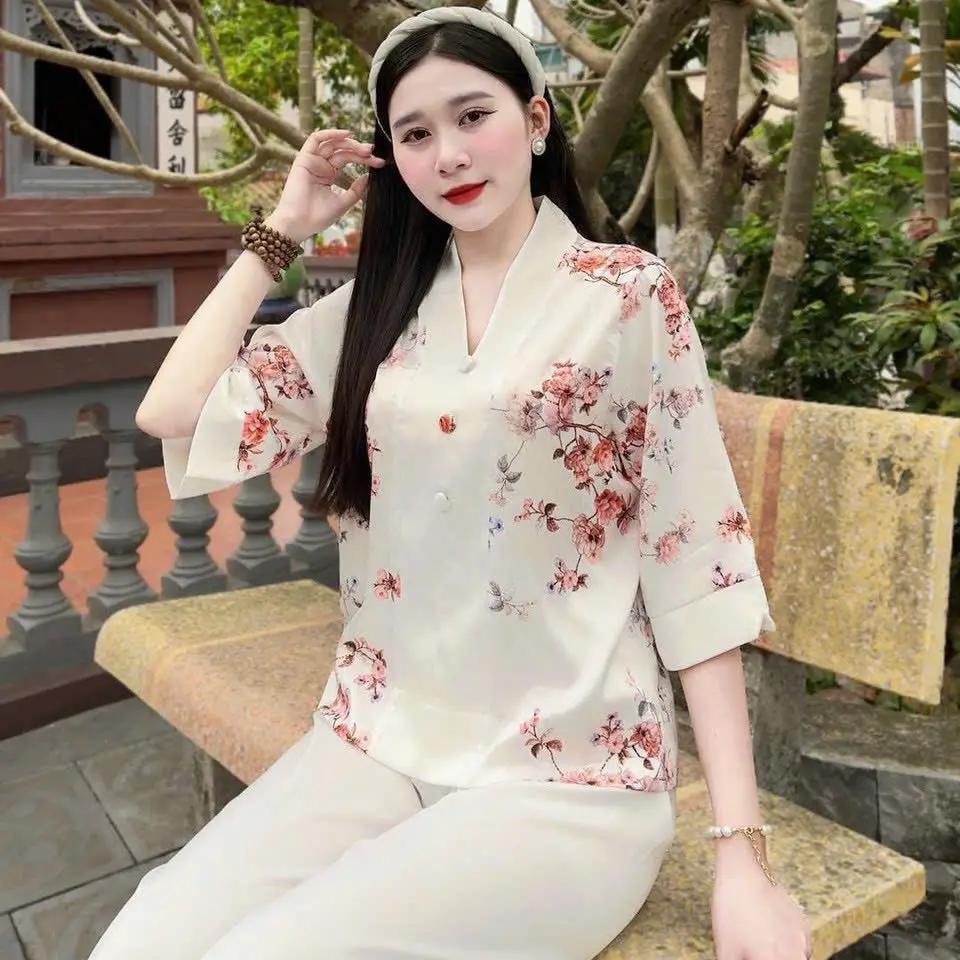 Đồ lam  Nữ pháp phục đi chùa lụa gấm cao cấp kèm quần  Women
