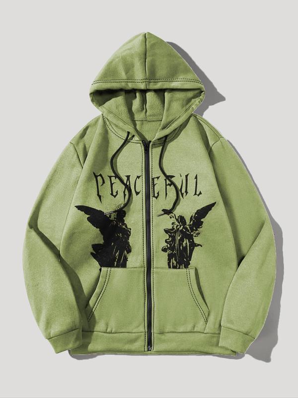 Unisex Men's Angel Print Zip Up Warm Hoodie, Casual Drawstring Pocket Hooded Sweatshirt for Fall & Winter, Essential Hoodie, Going Out Outfits 1