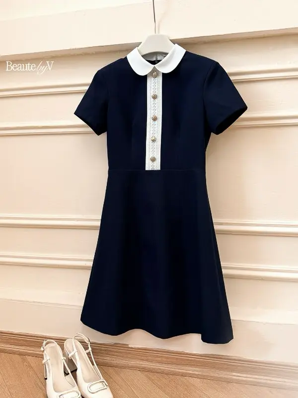 BEAUTEBYV - Váy nữ dáng A phối cổ sen trắng đính cúc giả trang trí Hazel 3