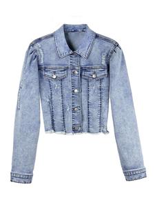 Women's Plus Size Button Front Ripped Crop Denim Jacket, Casual Pocket Long Sleeve Outerwear for Daily Wear, Women's Clothes for All Seasons, Quality and Durability