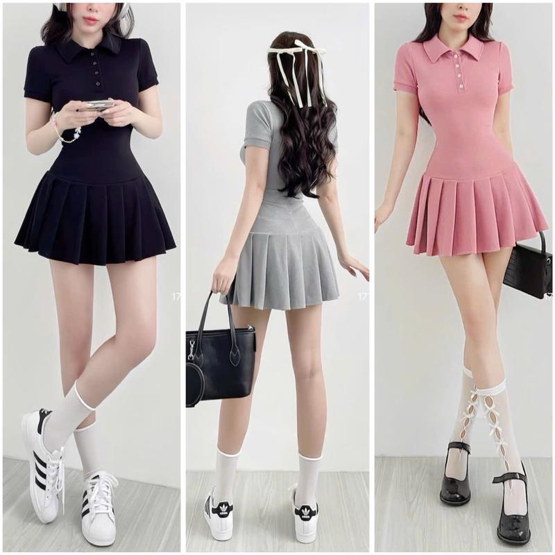 Váy sơ mi sếp ly vải cotton thun gân Nữ Women Dress - Thời trang nữ Voan Voi Kem đáng yêu đường thêu váy  hở lưng Màu Hồng đầm bí vaytet vay  body trevai xòe