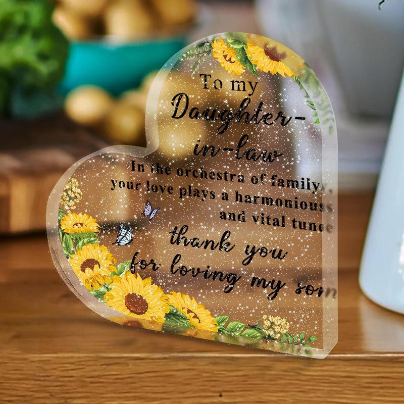 Product Introduction of Heart Shaped Acrylic Plaque, 1 Count Slogan Graphic Acrylic Ornament, Thank You Gift for Daughter-in-law 4