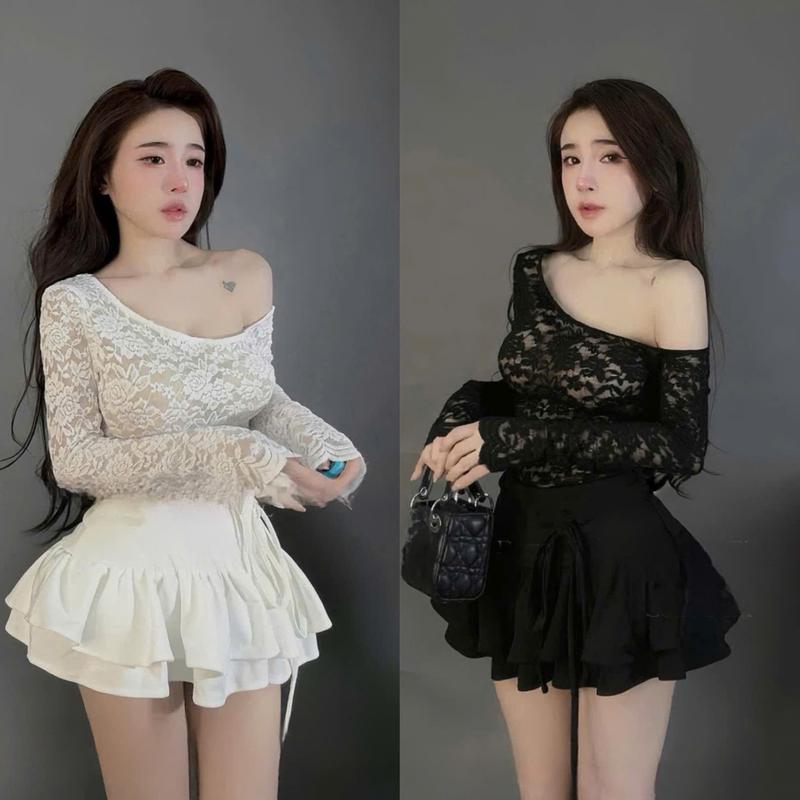  Sét bộ nữ áo ren lệch vai tay dài mix chân váy xòe tầng với 2 tone màu đen trắng cực duyên dáng cho nàng 