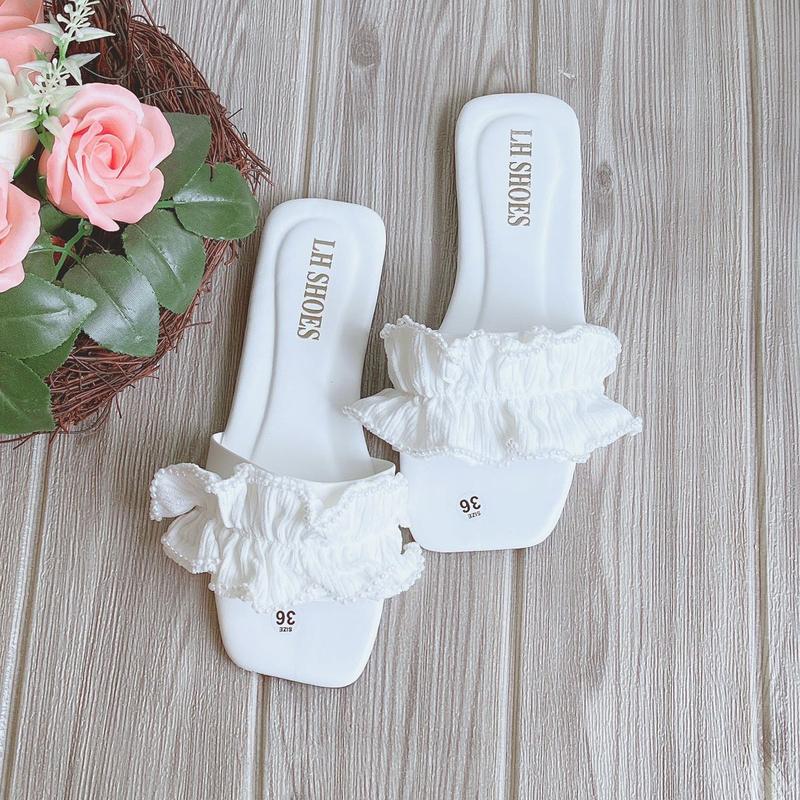 Dép bệt thấp quai ngang nữ gắn nơ bèo cực xinh điệu đi làm chơi học biển DéP GiàY Shoes Sandal Jean Đế Bằng