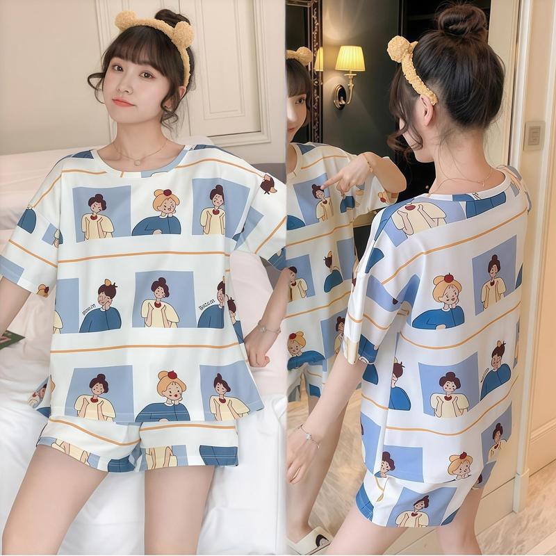 Bộ Đồ Ngủ Hoạt Hình, Dễ Thương, Dành Cho Nữ, Chất Liệu Cotton Mỏng, Áo Sơ Mi Ngắn Tay, Quần Đùi, Đồ Ngủ Thường Ngày Dáng Rộng, Quần, Màu Trơn Đơn Giản, Thích Hợp Cho Các Cặp Đôi, Bộ Quần Áo Mặc Nhà, 2 Chiếc 7