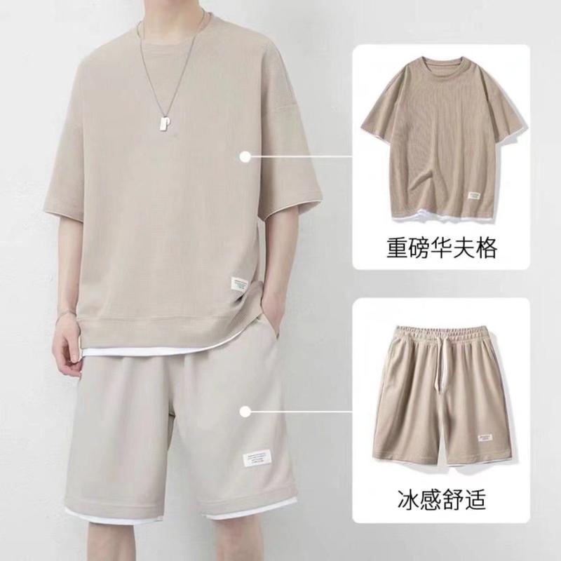 Bộ Đồ Thường Ngày Phong Cách Bánh Quế, Dành Cho Nam Giới, Áo Phông ngắn Tay Áo Lụa Lạnh Mùa Hè, Quần Đùi Ngắn Tay Dáng Rộng Vừa Vặn, Bộ Đồ 1 / 2 Mảnh 3