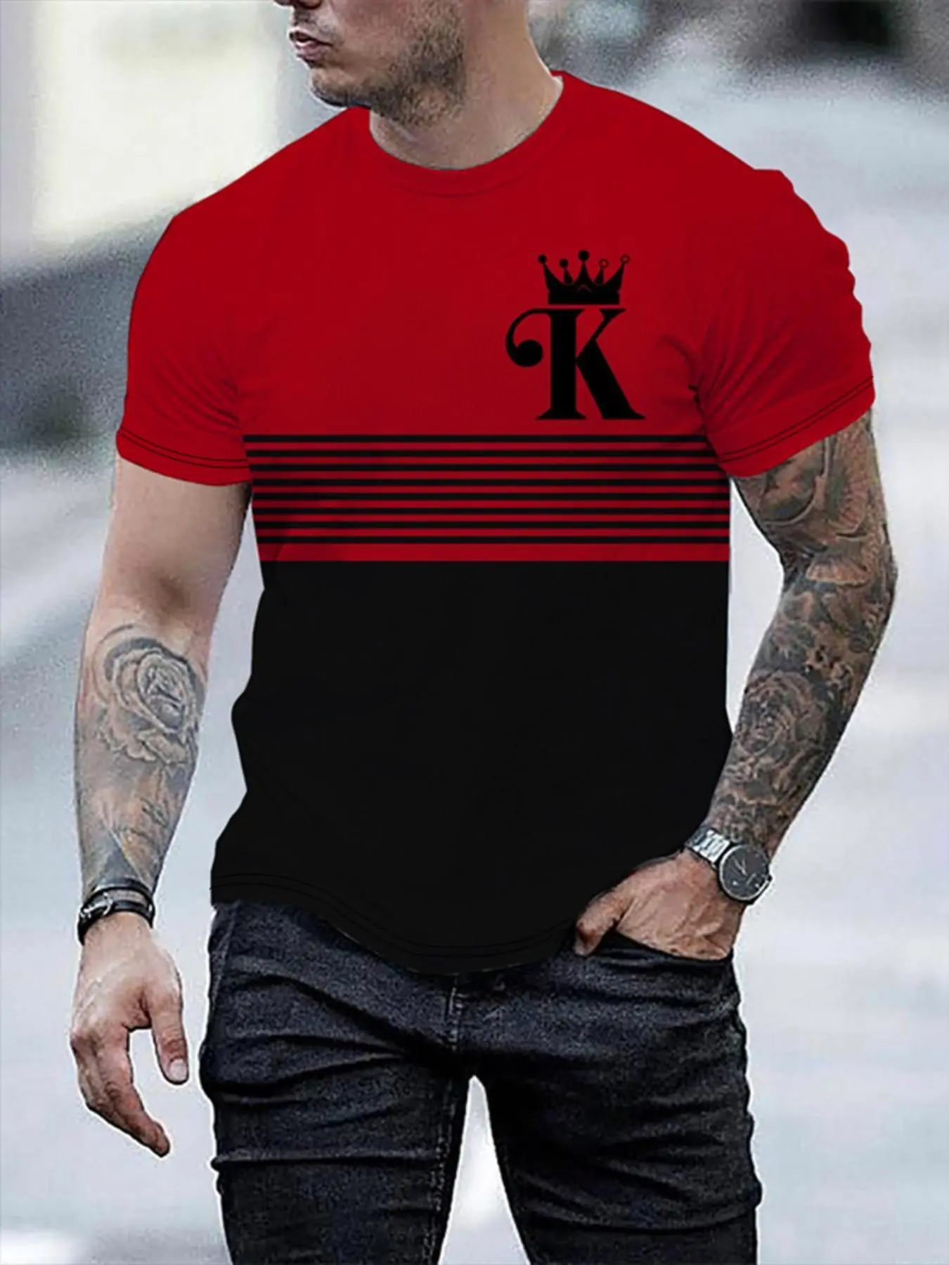 Men's Colorblock & Striped & Letter Print Round Neck Tee, Regular Fit Casual Short Sleeve Crew Neck T-shirt for Summer, Fashion Men's Top for Daily Wear
