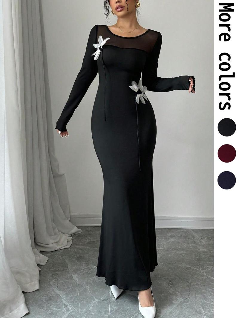 Product Introduction of Women's Plain Floral Decor Long Sleeve Evening Dress, Elegant Fashion Maxi Dress for Party Ball Performance Wear, Women's Dress for Spring Fall 1