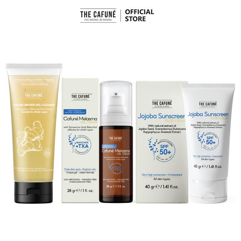 Combo Dành Cho Da Nám, Đốm Nâu, Không Đều Màu] Kem Nám Melasma 28g, Kem Chống Nắng Jojoba 40g, Sữa Rửa Mặt Gừng 120ml The Cafuné