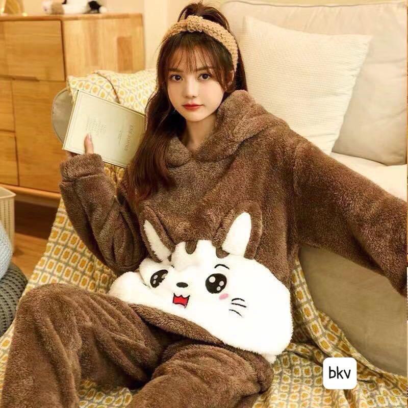 Bộ ngủ lông cừu thêu mèo dễ thương, Sét pyjama lông mũ tai gấu chất dày dặn ấm áp màu hồng nâu form rộng unisex hàn quốc, EYE 2T 7