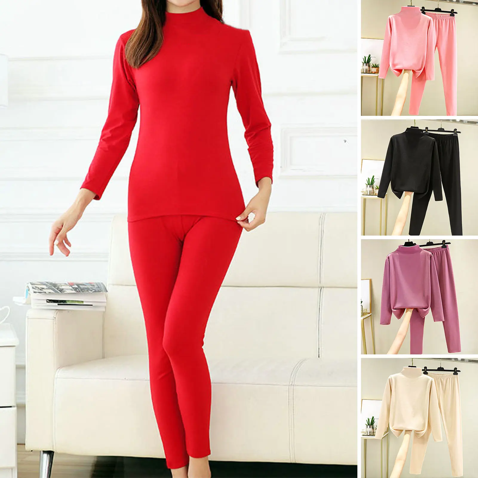 Bộ Đồ Lót, 2 Cái / Bộ, Áo Và Quần, Màu Trơn Cổ Lọ Nửa, Dáng Rộng Vừa Vặn, Dày Dặn, Chống Pilling, Bộ Đồ Lót Giữ Nhiệt, Thích Hợp Mặc Hàng Ngày