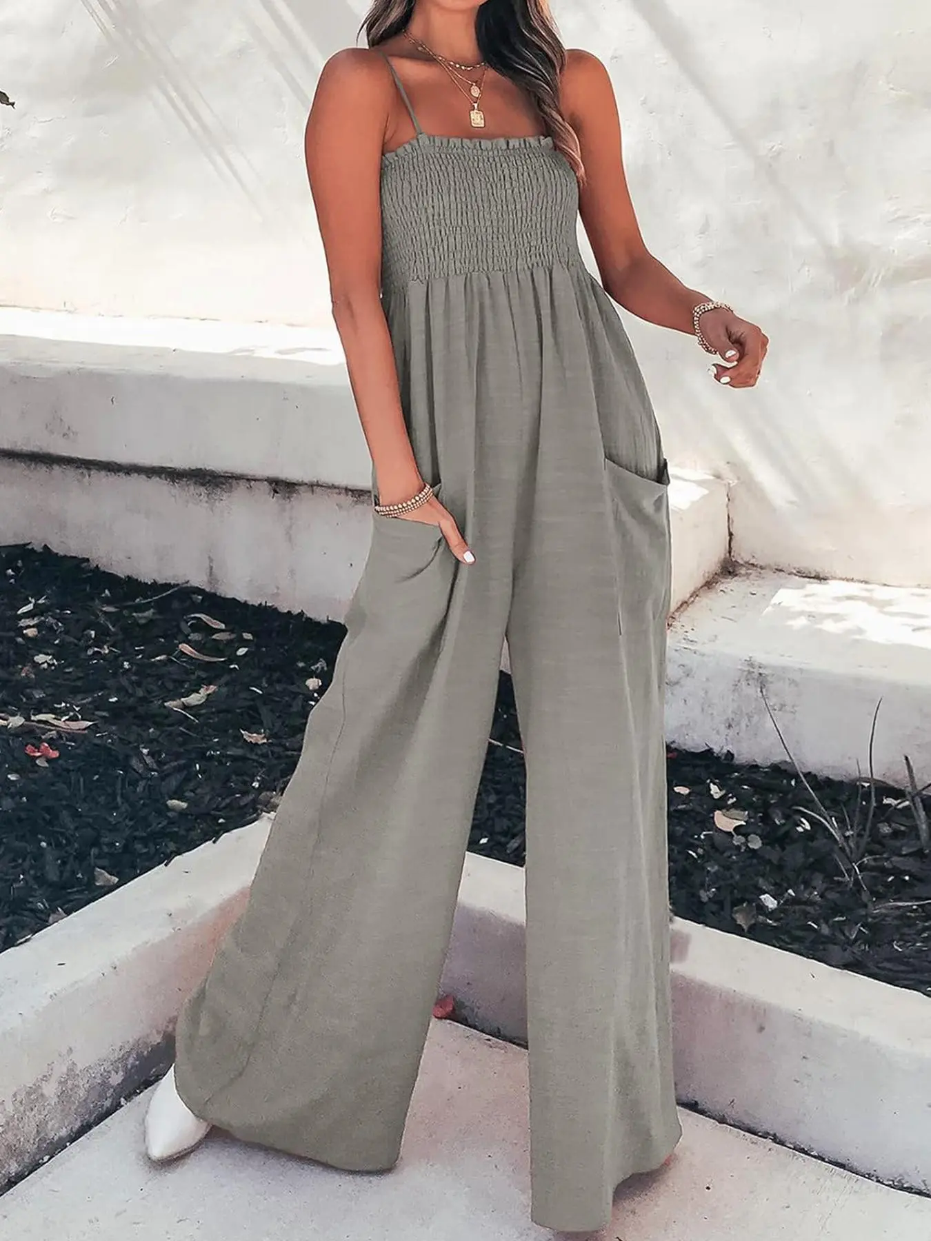 Women's Solid Color Tank Jumpsuit, Casual Sleeveless Jumpsuit for Spring & Fall, Women's Clothing for Daily Wear