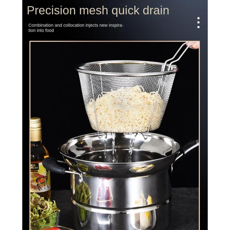 Product Introduction of toinof Multifunctional Stainless Steel Deep Fryer Pot with Strainer with Steaming Tray Saucepan Soup Pot Foldable with Pasta Colander Tempura Pot French Fries 25