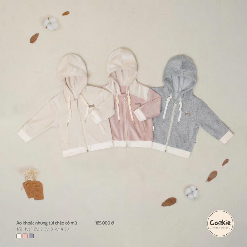 Áo Khoác Nhung Có Mũ Dài Tay Cookie Túi Chéo Cho Bé Size Từ 1/2-1Y Đến 4-5Y, Chất Nhung Tăm