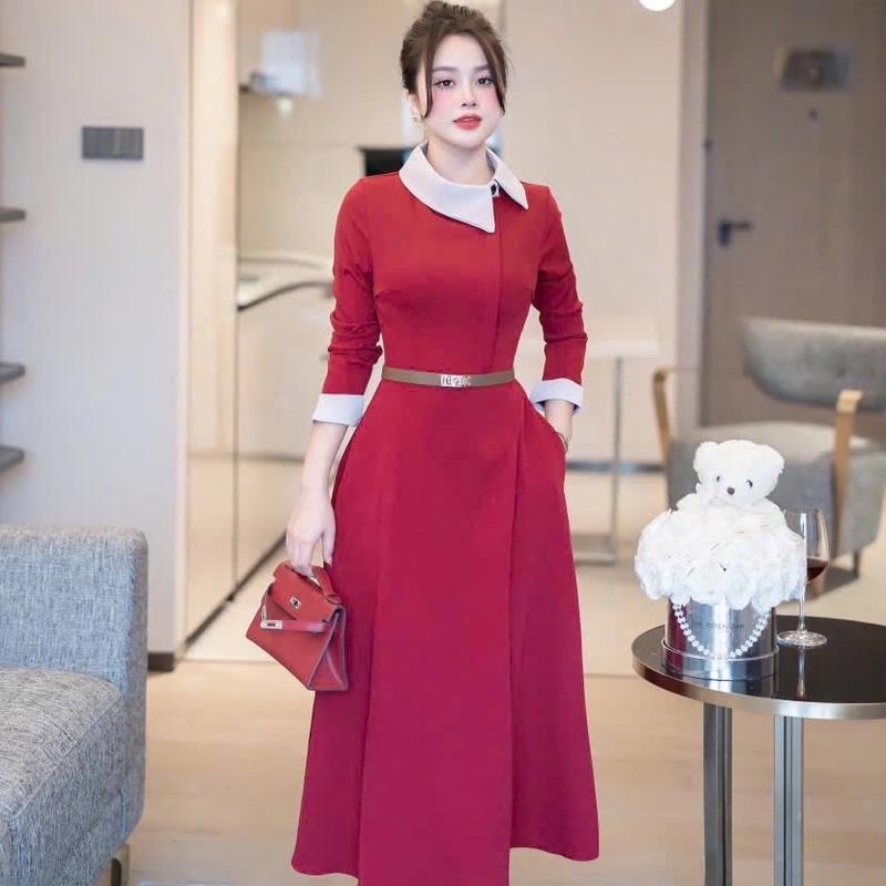 Váy thiết kế A84 dáng xoè dài tay phối màu be cổ bẻ kèm đai sang trọng cho nữ đi làm đi tiệc đi chơi