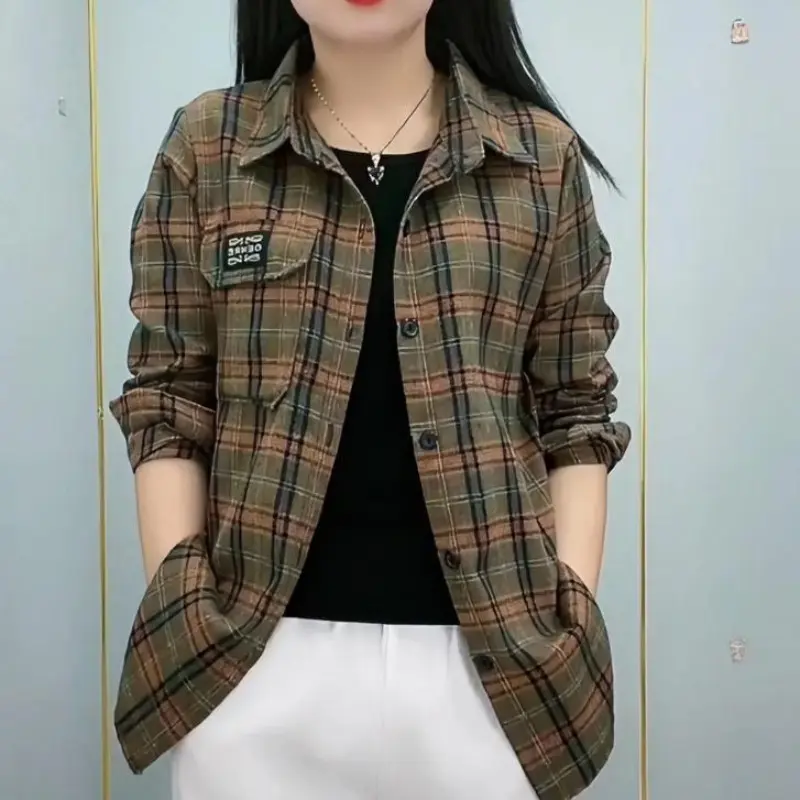 Long sleeved checkered shirts for women fashion spring autumn new casual tops Womenswear Blouse