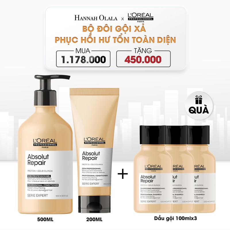 [L'Oréal Professionnel x Hannah] Deal 8: Combo phục hồi tóc hư tổn LOreal Professionnel Serie Expert Absolut Repair Gold Dầu gội 500ml và Dầu xả 200ml