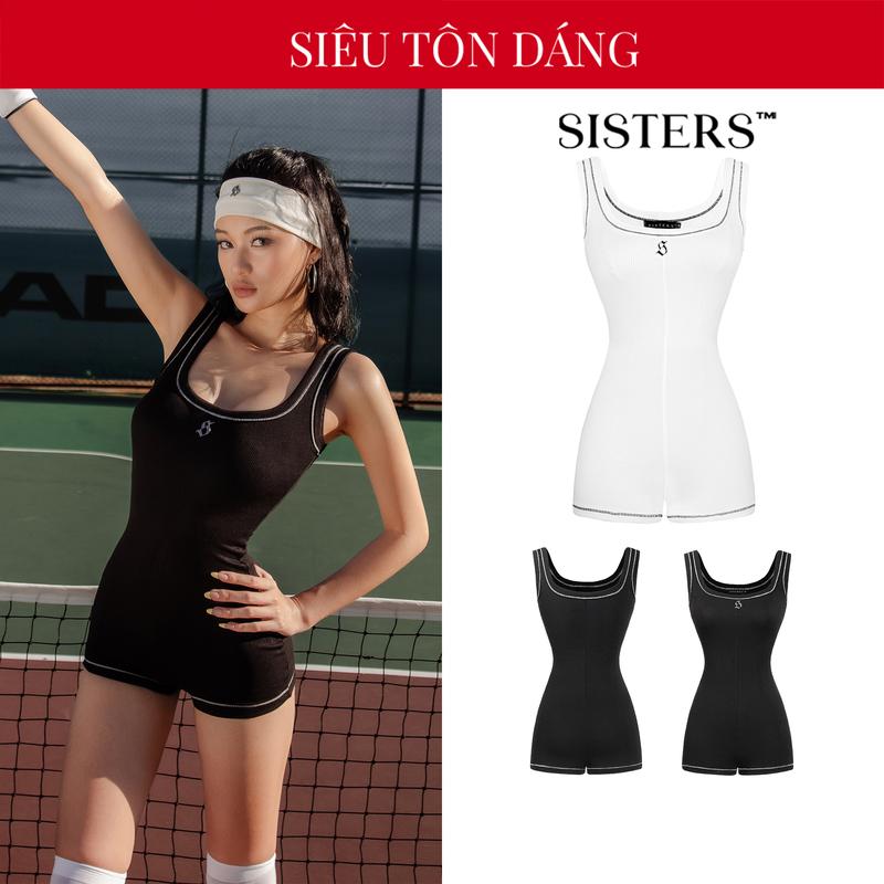 Bodysuit sát nách nữ chỉ nổi SISTERS vải thun gân ôm dáng màu trắng, đen jumpsuit đùi cổ vuông tôn dáng Rubies | SS4-J2