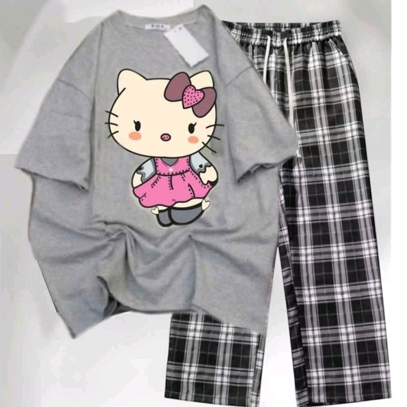 Set Bộ Đồ Quần Ống Rộng Caro Đen + Mix Áo Phông Unisex Form Thụng - Hình Mèo Màu Xám 1