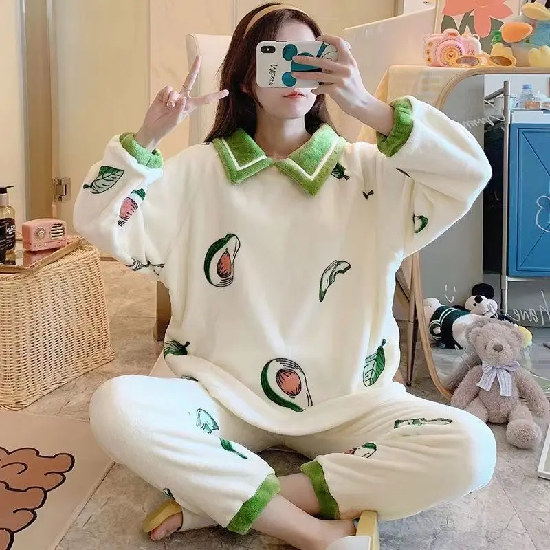 Bộ Đồ Ngủ Nữ, Mùa Thu Và Mùa Đông, Làm Bằng Lông Cừu San Hô, Dày Dặn, Thiết Kế Hoạt Hình Dễ Thương, Thích Hợp Cho Học Sinh, Chất Liệu vải nỉ Phong Cách Công Chúa, Bộ Đồ Mặc Nhà Mùa Đông Áo 5