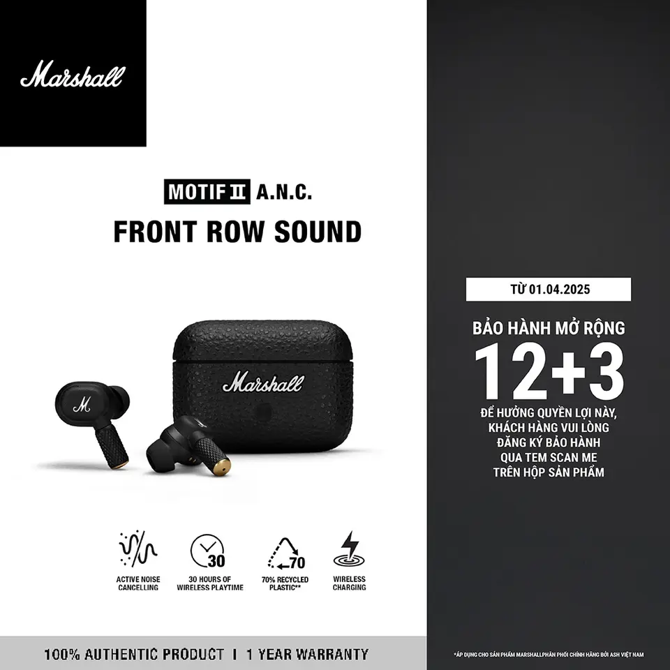 Tai nghe Truewireless Marshall Motif II A.N.C - Chính hãng ASH - Pin đến 25h* - Bảo hành 1 năm 1 đổi 1