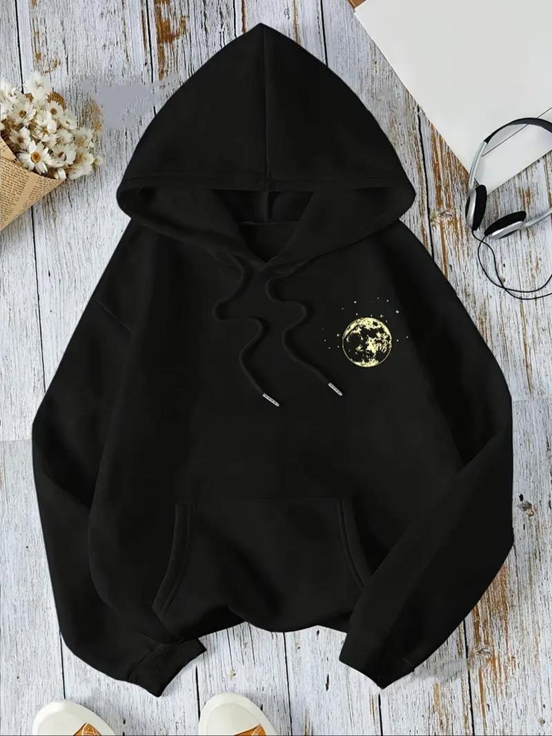 Product Introduction of Women's Star & Moon Print Drawstring Hoodie, Casual Long Sleeve Kangaroo Pocket Hooded Sweatshirt for Fall & Winter, Women's Clothes for Daily Wear 6