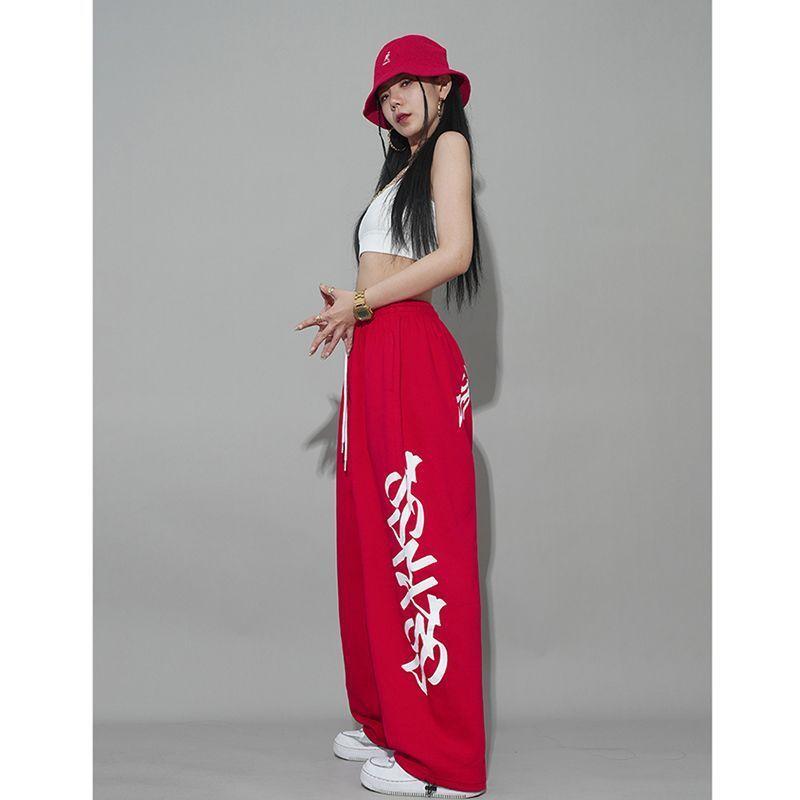 Quần Thể Thao Hip Hop, Màu Đỏ, Dây Rút Phong Cách Mới, Dáng Rộng Vừa Vặn, Thích Hợp Để Khiêu Vũ Và Thể Thao, Quần Nỉ Thường Ngày Thiết Kế Tuyệt Vời, Phong Cách Hip Hop 2
