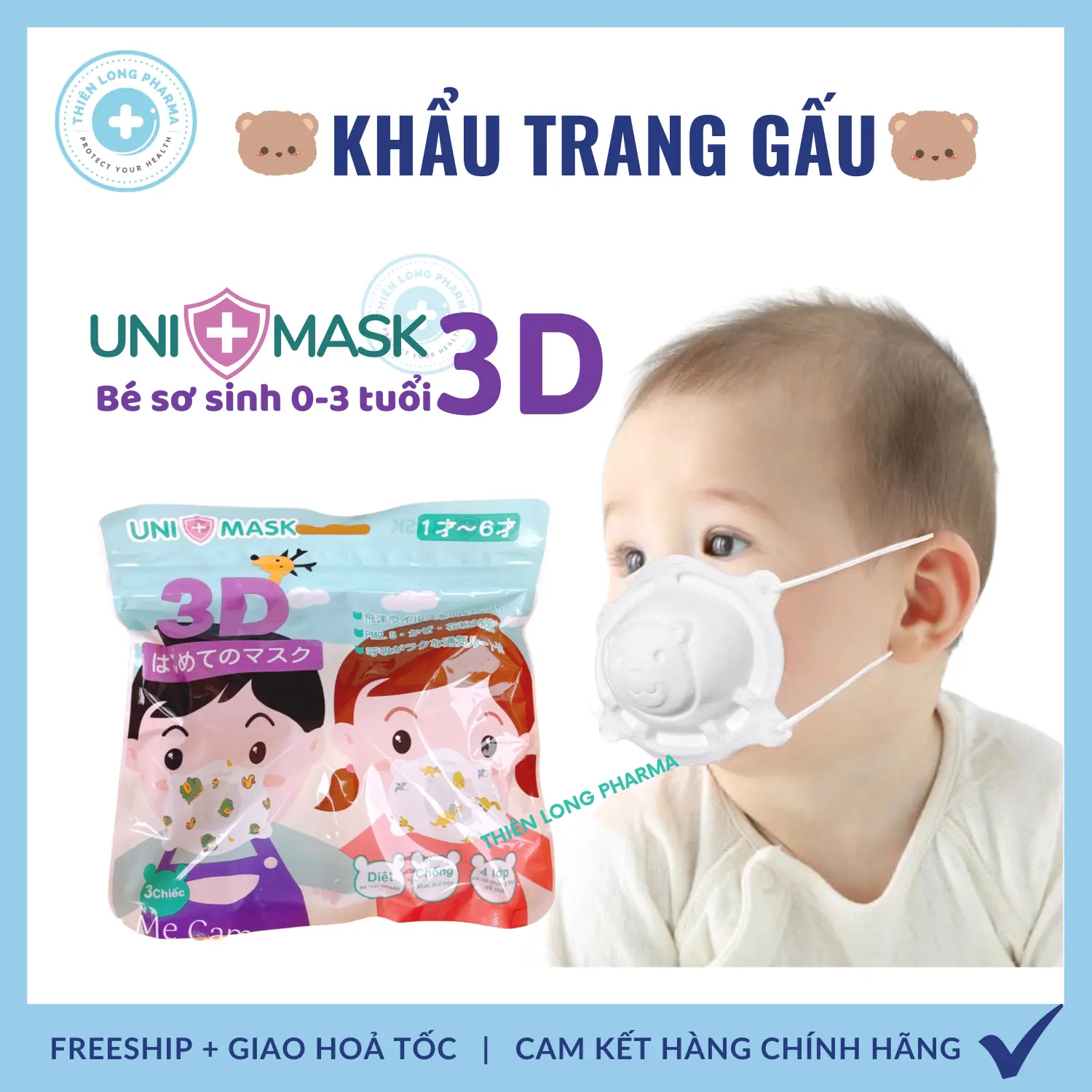 Khẩu trang gấu bé Sơ Sinh 0-3 tuổi [ SET 3 Cái] khẩu trang trẻ em chính hãng UNI MASK công nghệ Nhật Cho Bé
