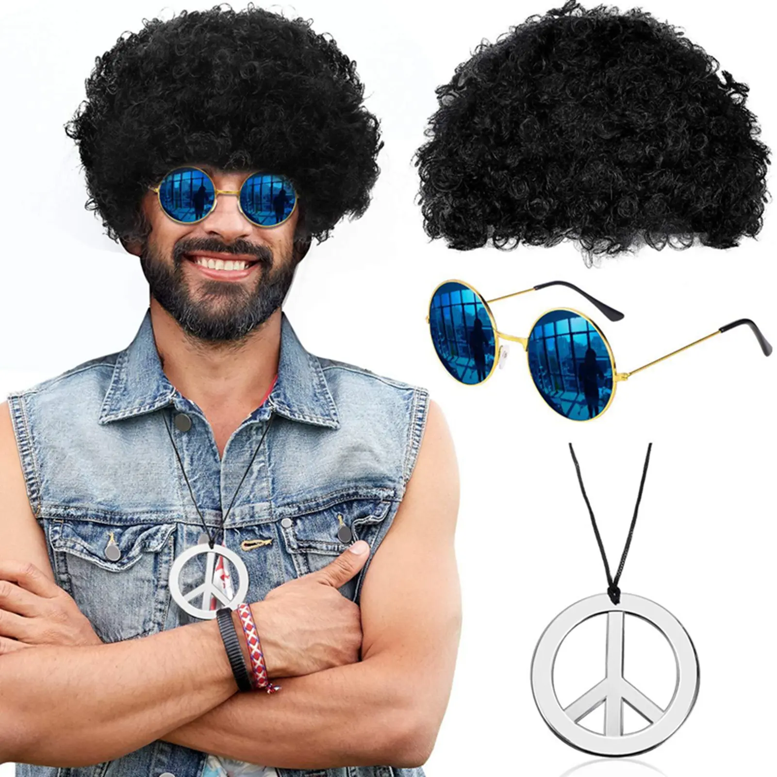 Hippie Costume Set Funky Afro Wig Sunglasses Peace Sign Necklace For 50/60/70S Theme Party