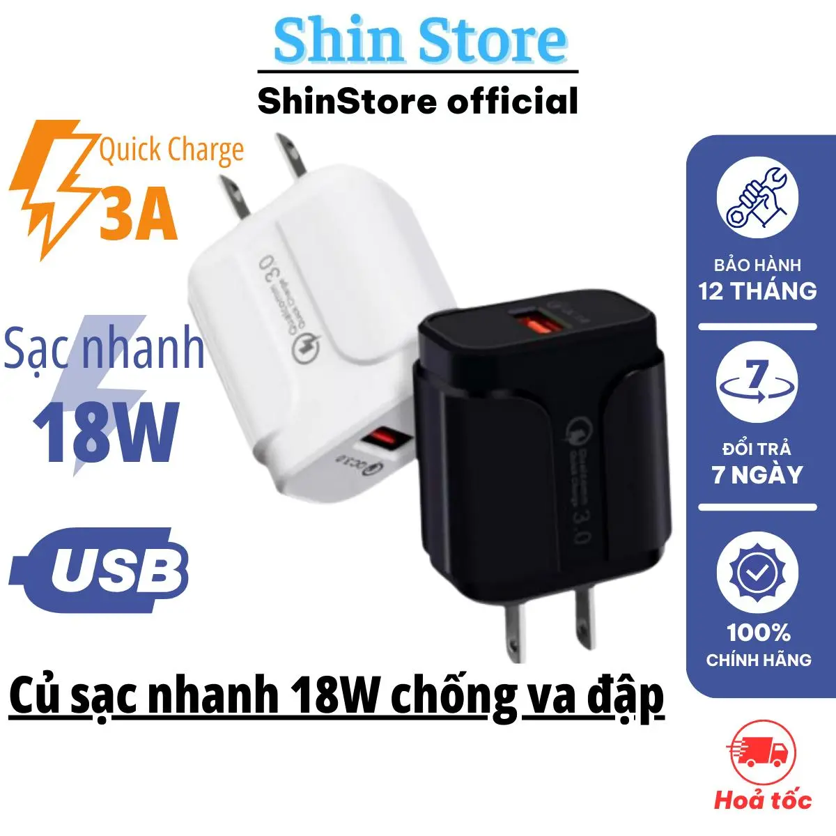 Củ sạc nhanh chống va đập 3A 18W cho iP/ Xiaomi/ Samsung/ Oppo/ Vivo/ Huawei.