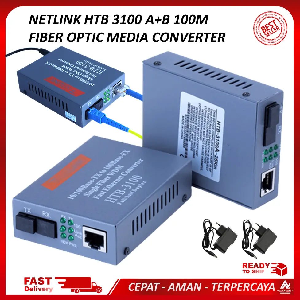Netlink HTB-3100 Media Converter Fiber Optic 25KM 1 Pasang A+B adaptor Kabel