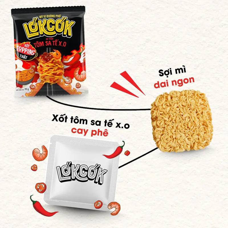 [Chính Hãng] Mì Trộn Tôm Sa Tế X.O Xốt Topping Thật LÓKCÓK (99 gram) Food Thức Ăn Cay 4