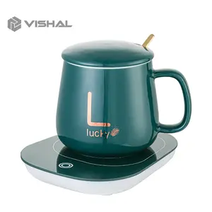 VISHAL Mug Cangkir Elektrik Set  55 Derajat Penghangat Kopi Gelas Mewah Keramik Listrik dan Sendok VS-1847