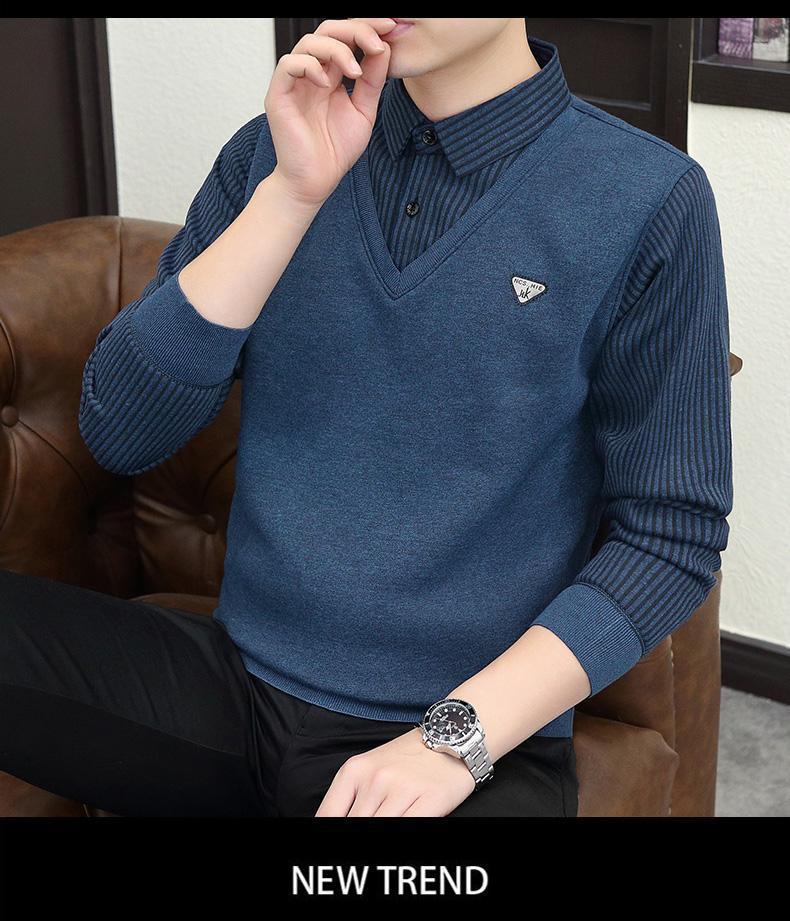 Product Introduction of 2024 Winter Fleece-lined Thickened Integral Velvet Sweater Men's False Two Pieces Knitted Sweater Youth Pu Handsome Men's Shirt Nam Slipper 21