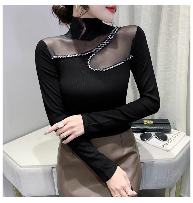 Product Introduction of Áo Mỏng Cho Nữ, Cổ Lọ European Station, Khâu Lưới, Thiết Kế khoét Dài Tay, Dáng Ôm, Hàng Mới Về Năm 2024, Thích Hợp Cho Mùa Thu Và Mùa Đông, Có Dát Kim Cương Top Women Sơ Mi Shirt 20