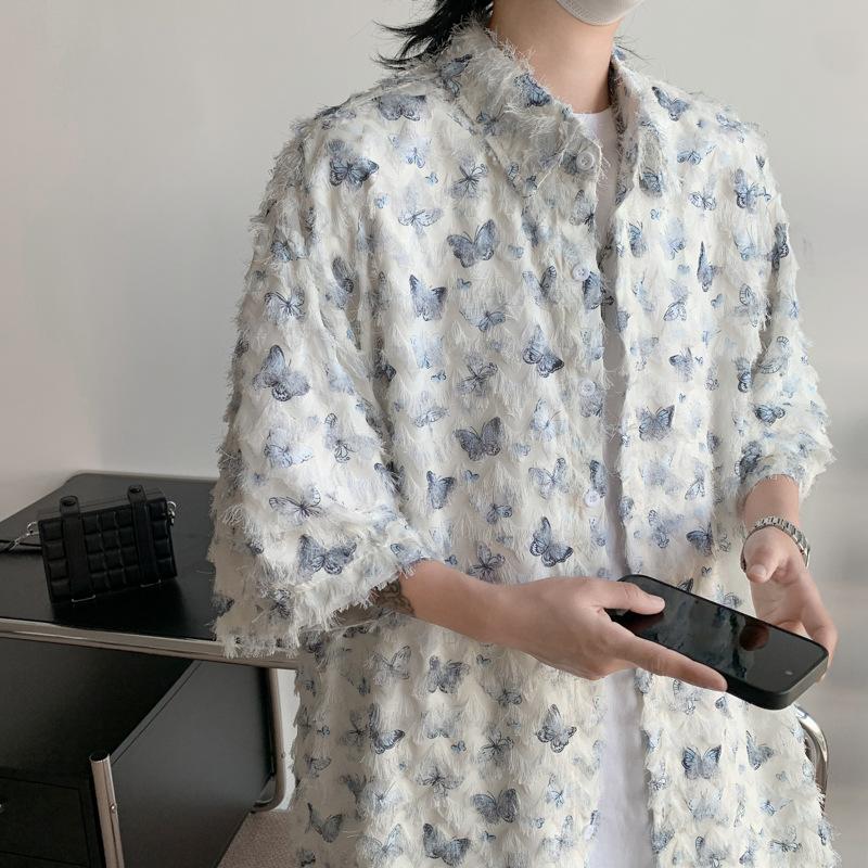 Product Introduction of Summer Design Butterfly Three-Dimensional Tassel Shirt Short Sleeve Men's Niche Vintage Shirt Coat Fashion Brand Couple's Tops 15