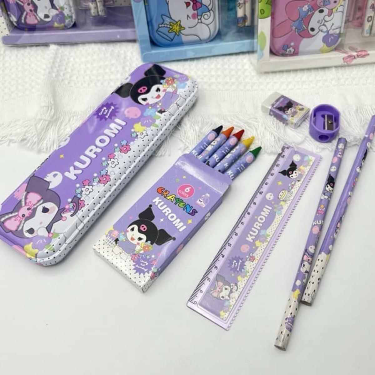 Set Alat Tulis Sanrio 7 in 1: Kotak Pensil, Penghapus & Perlengkapan Lucu Karakter Kuromi, My Melody, Cinnamoroll untuk Anak - Peralatan Sekolah, Stationery Collection, Back to School, Gift Idea